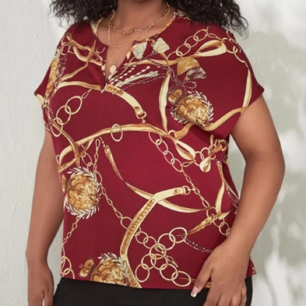 Slit VNeck Blouse DeepRed w/Chain Print Blouse. Boutique New